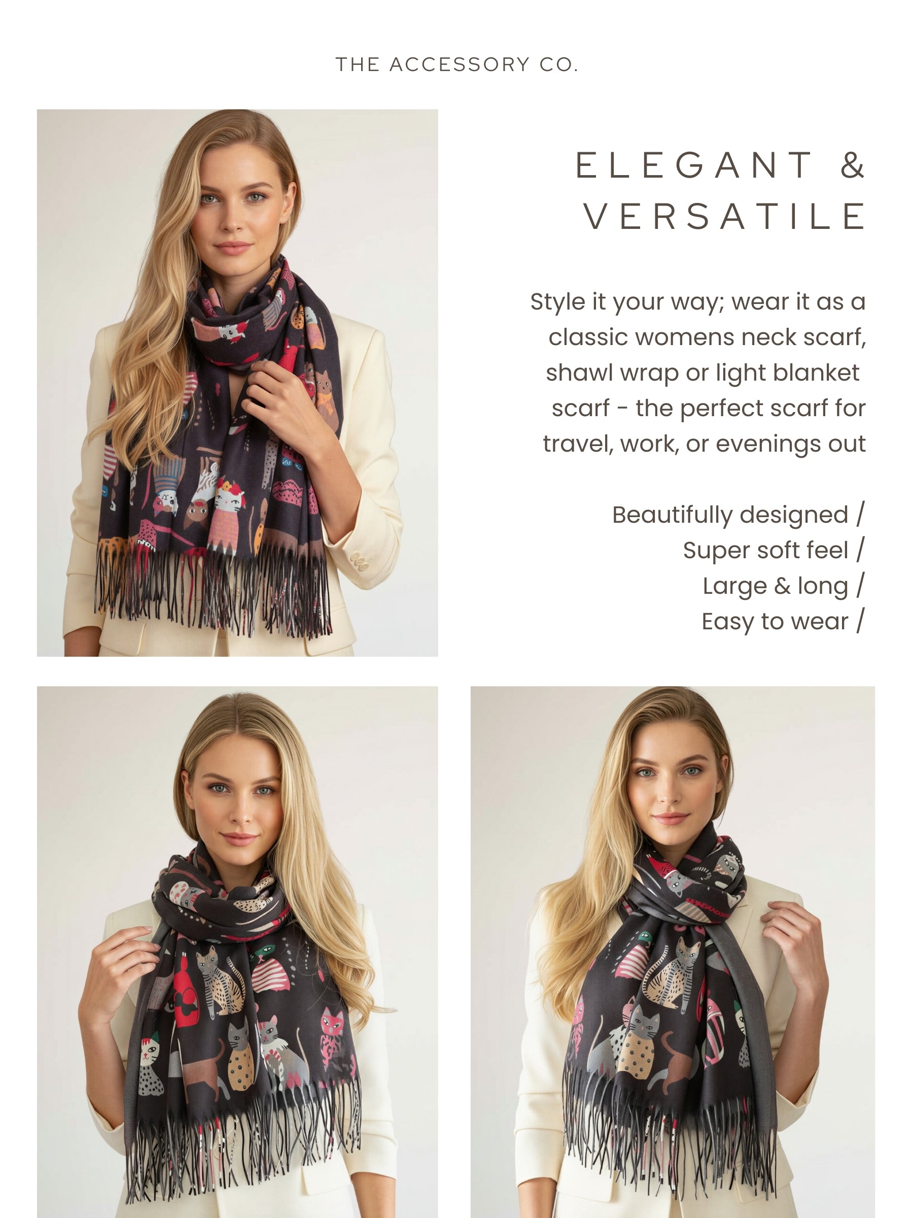 BLACK CAT PRINT LONG LIGHTWEIGHT SCARF