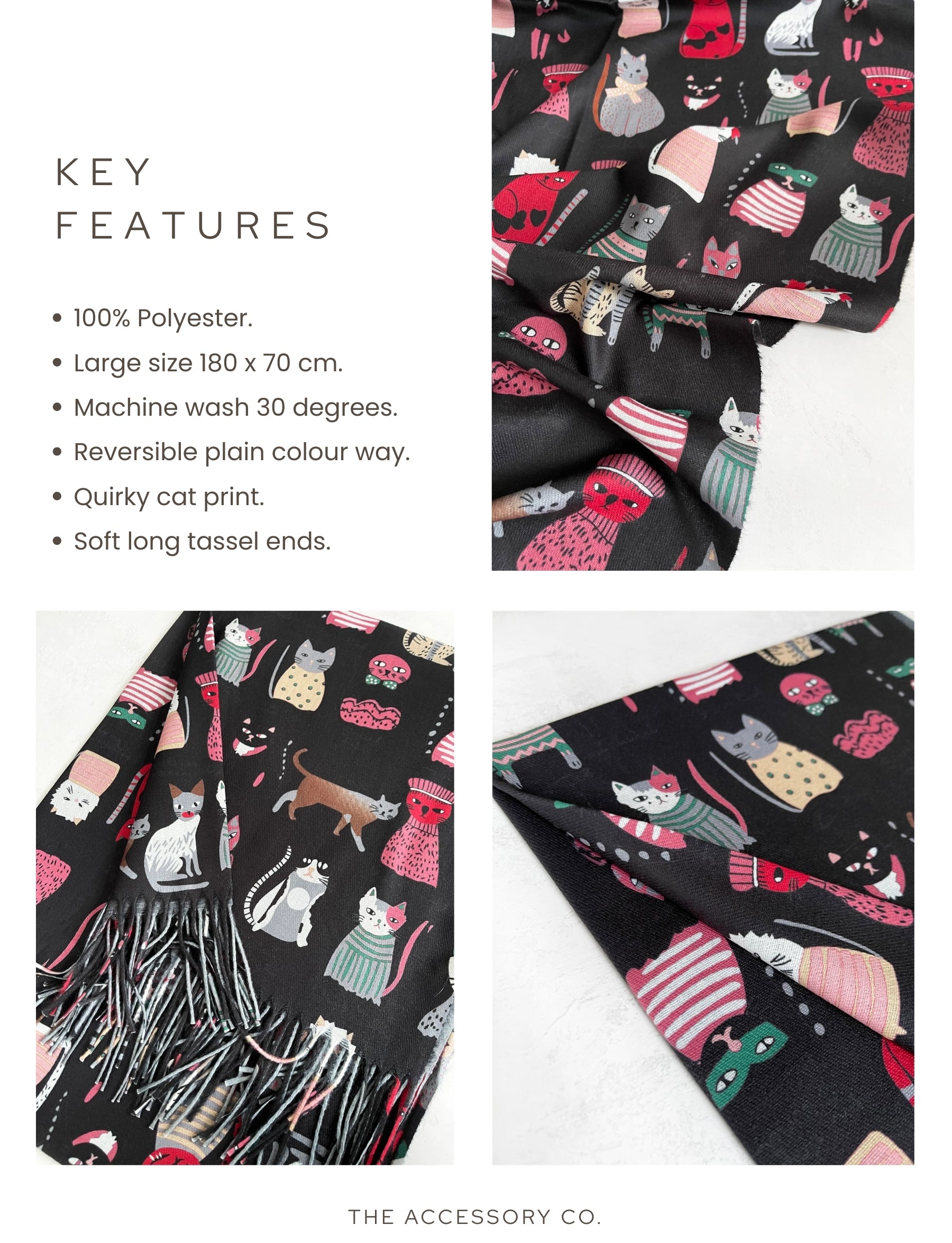 BLACK CAT PRINT LONG LIGHTWEIGHT SCARF