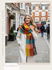 BLACK CHECKED WOOL RAINBOW BLANKET SCARF OVERSIZED WINTER SHAWL WRAP