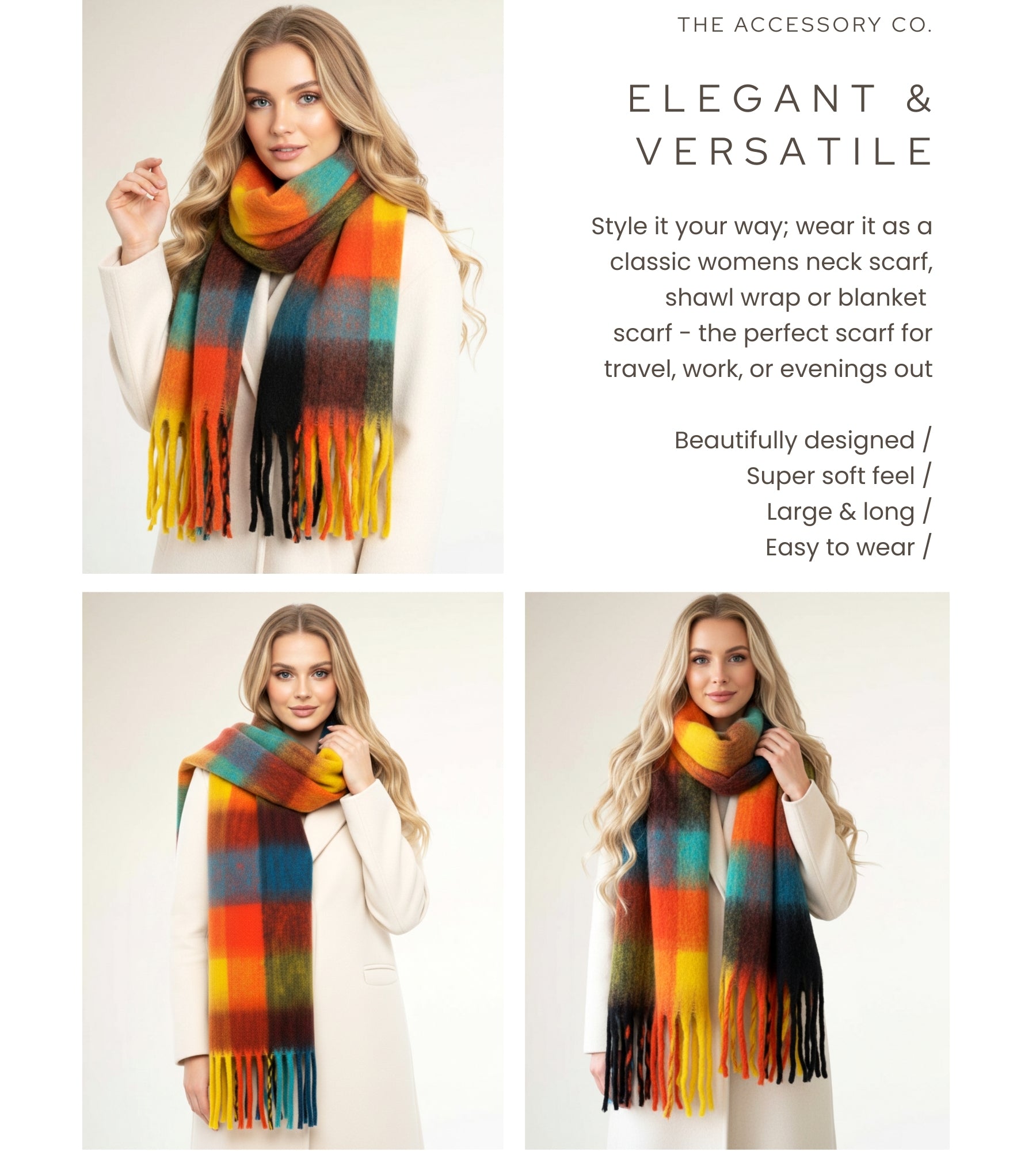 BLACK CHECKED WOOL RAINBOW BLANKET SCARF OVERSIZED WINTER SHAWL WRAP