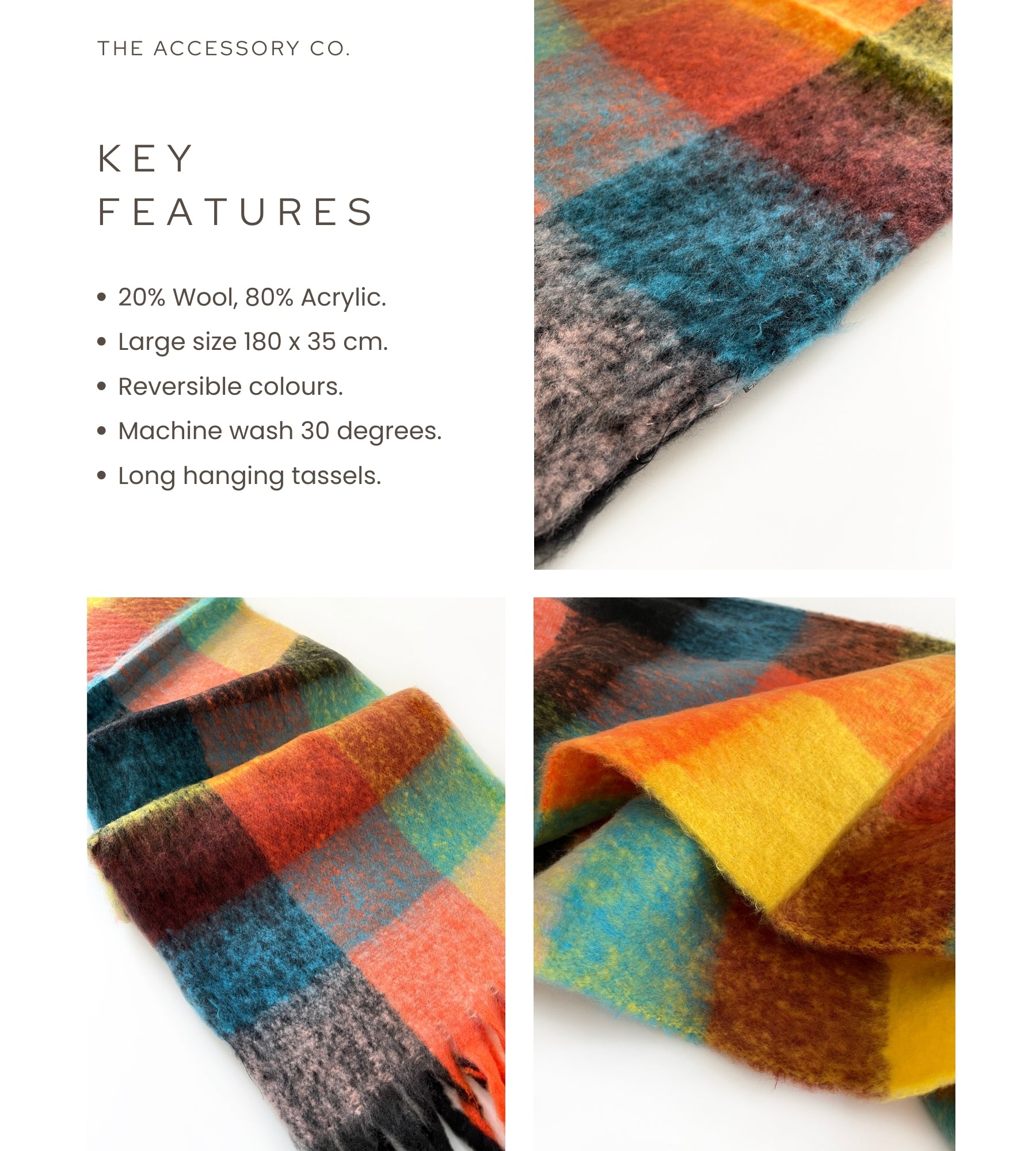 BLACK CHECKED WOOL RAINBOW BLANKET SCARF OVERSIZED WINTER SHAWL WRAP