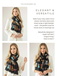 BLACK COTTON BLEND CAT PRINT LIGHTWEIGHT SCARF