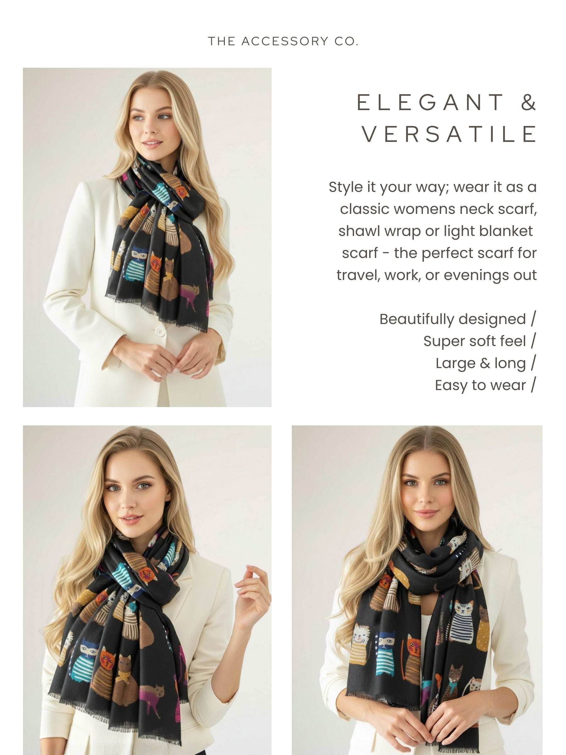 BLACK COTTON BLEND CAT PRINT LIGHTWEIGHT SCARF