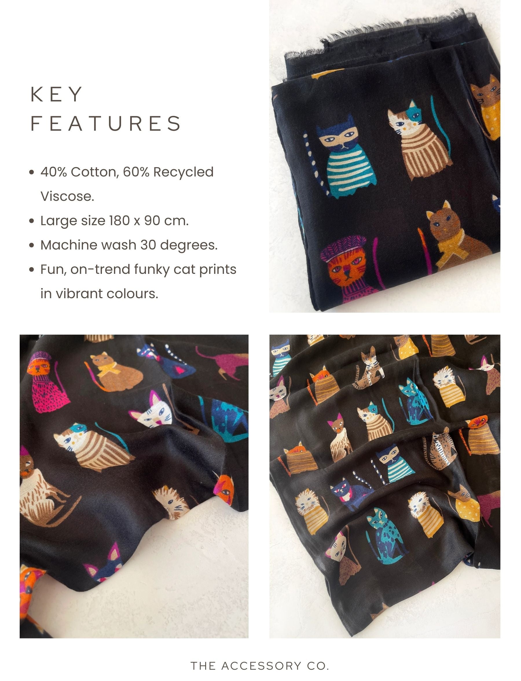 BLACK COTTON BLEND CAT PRINT LIGHTWEIGHT SCARF