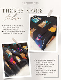 BLACK COTTON BLEND CAT PRINT LIGHTWEIGHT SCARF