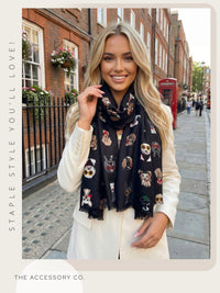 BLACK COTTON BLEND DOG PRINT LIGHTWEIGHT SCARF - A-SHU.CO.UK