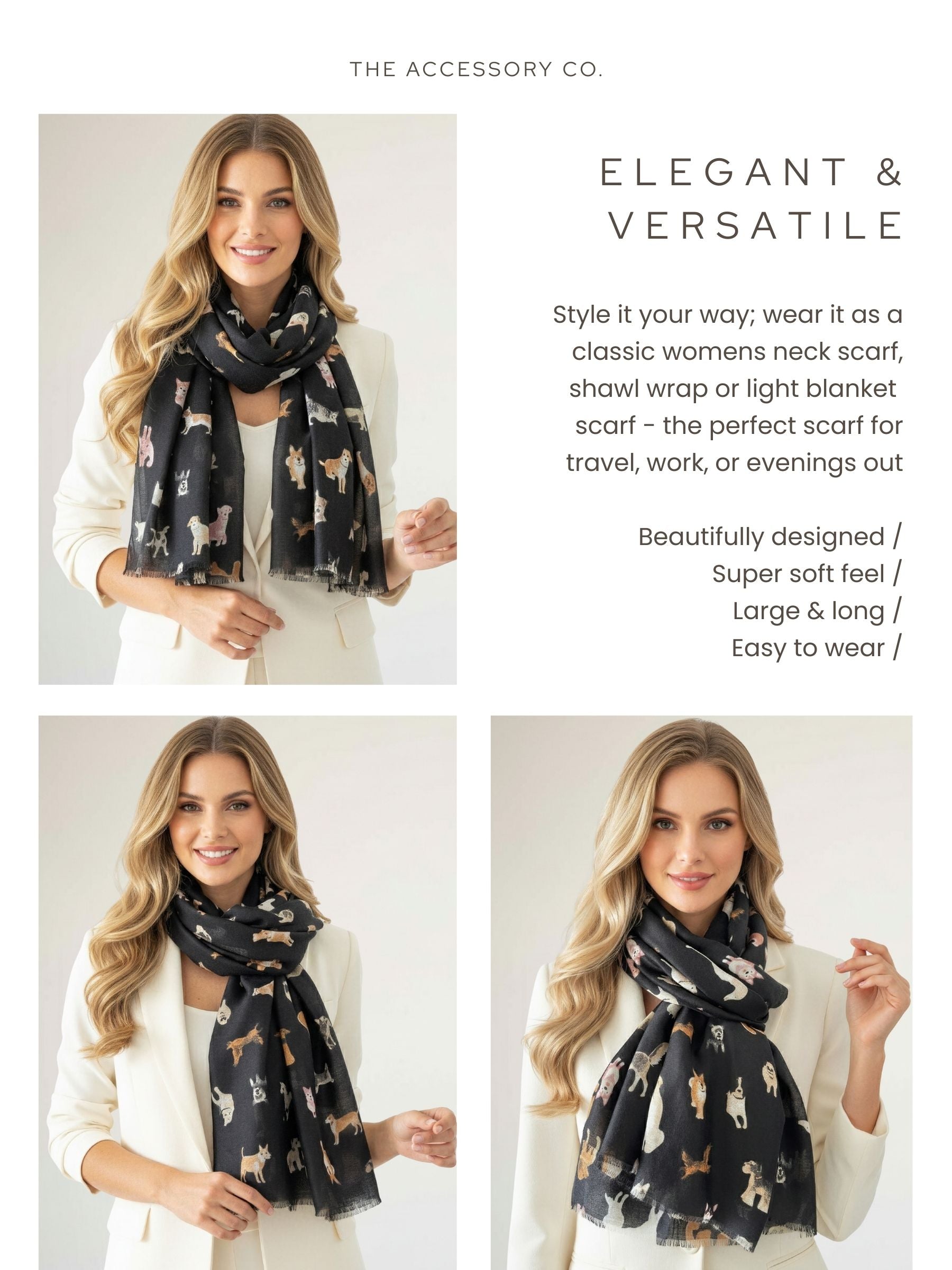 BLACK COTTON BLEND DOG PRINT LIGHTWEIGHT SCARF - A-SHU.CO.UK
