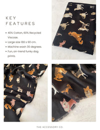 BLACK COTTON BLEND DOG PRINT LIGHTWEIGHT SCARF - A-SHU.CO.UK