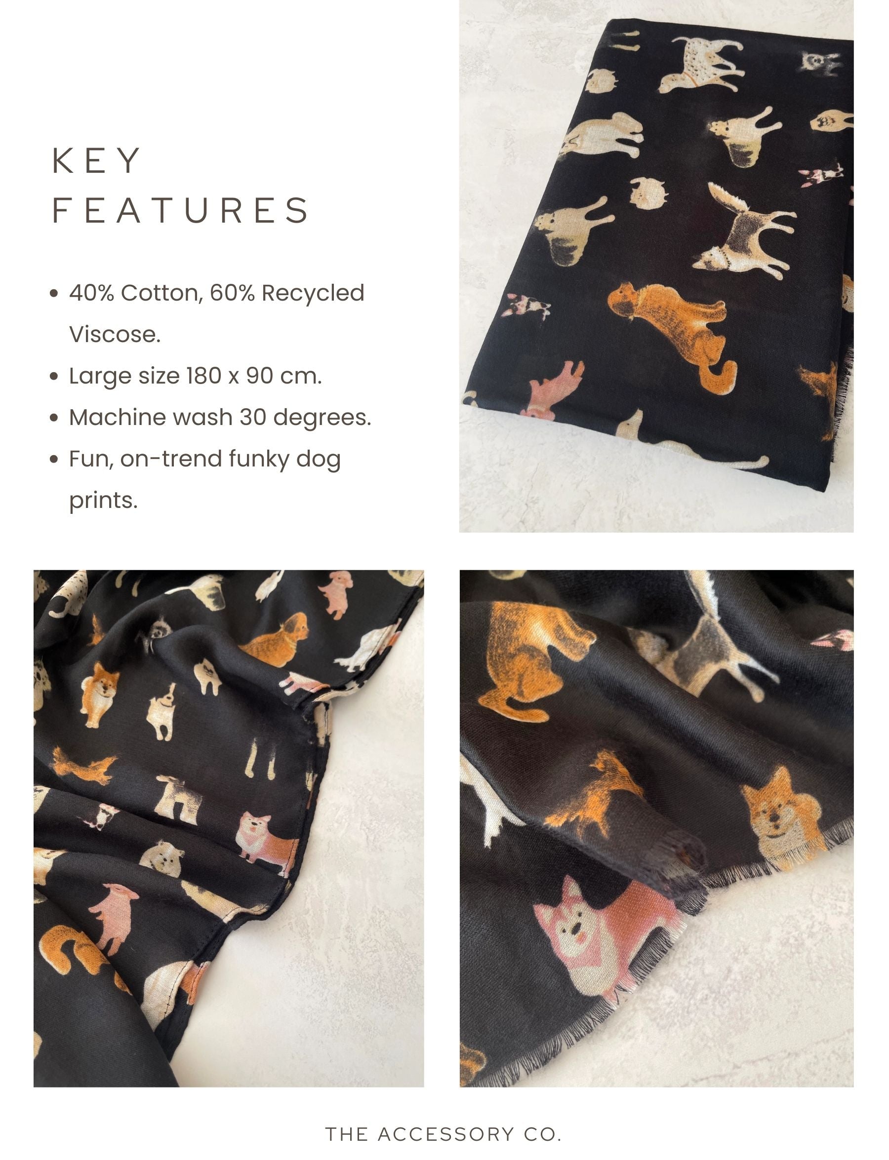 BLACK COTTON BLEND DOG PRINT LIGHTWEIGHT SCARF - A-SHU.CO.UK