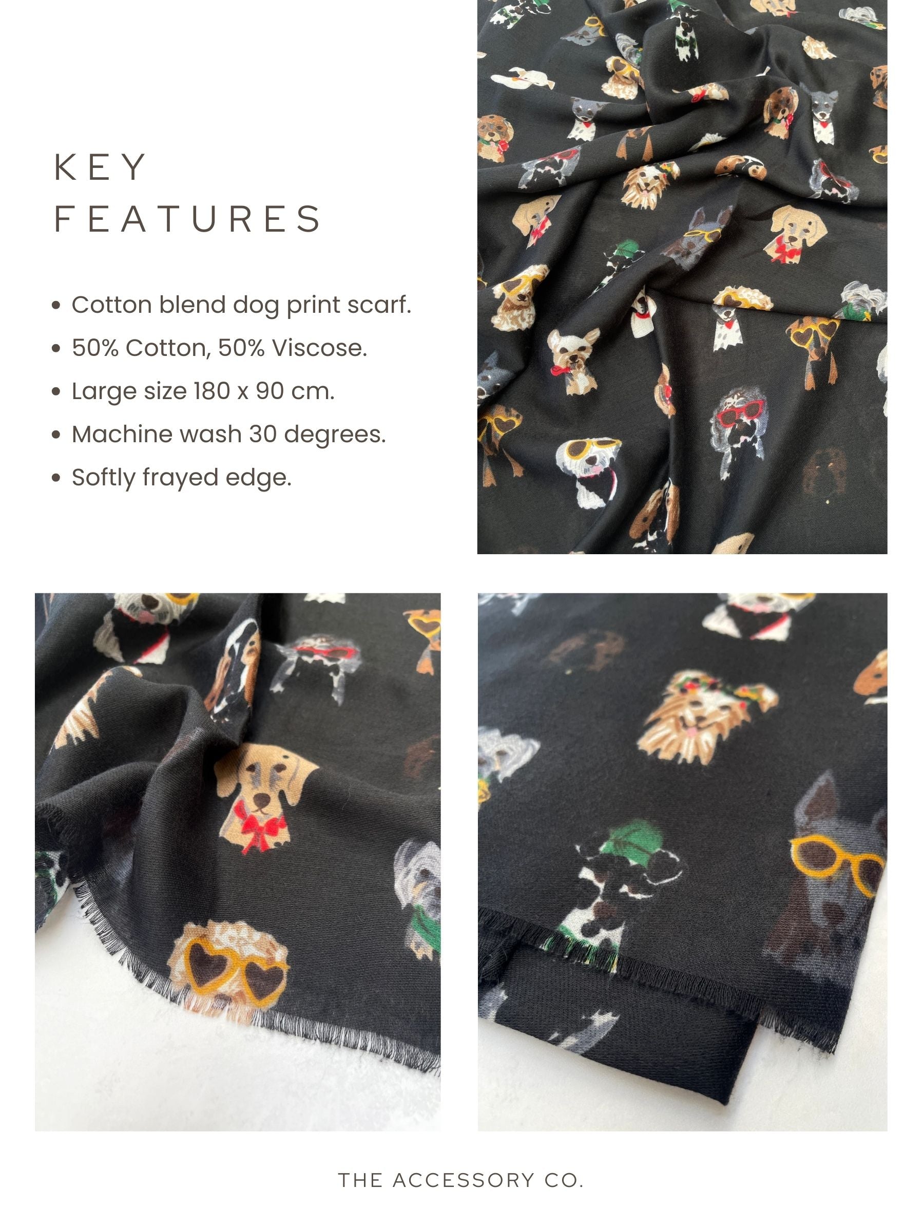 BLACK COTTON BLEND DOG PRINT LIGHTWEIGHT SCARF - A-SHU.CO.UK