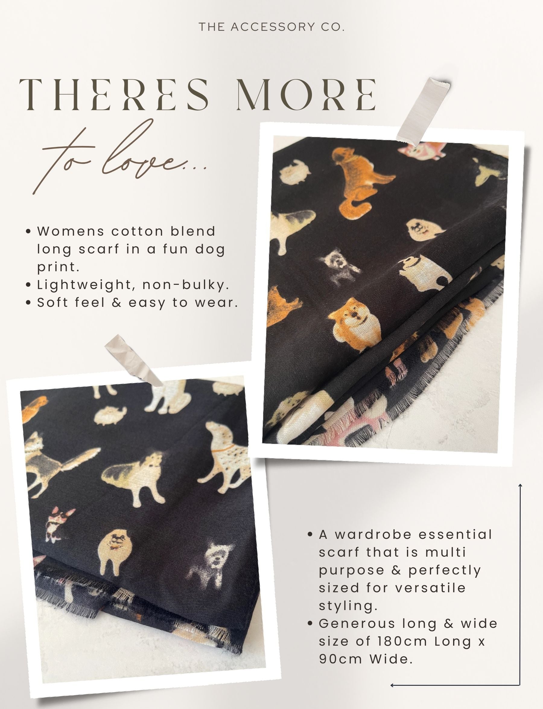 BLACK COTTON BLEND DOG PRINT LIGHTWEIGHT SCARF - A-SHU.CO.UK