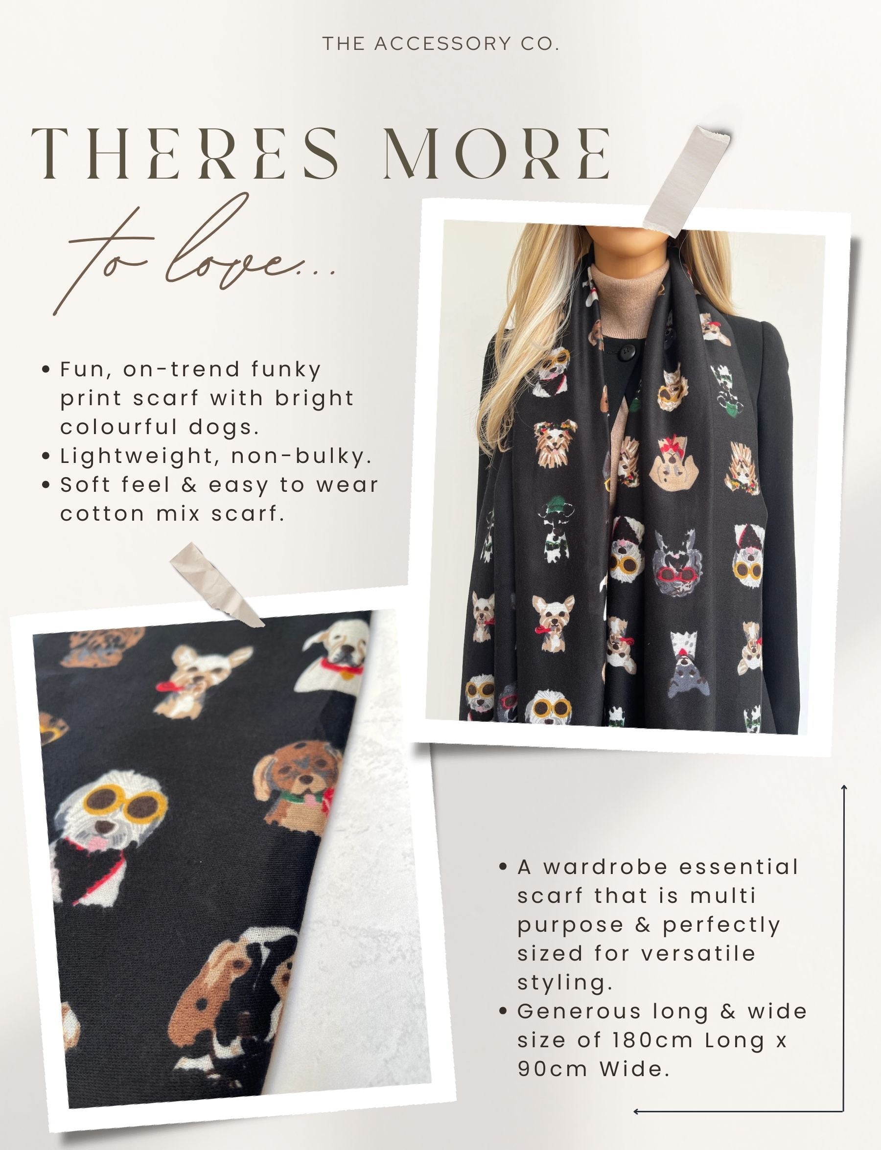 BLACK COTTON BLEND DOG PRINT LIGHTWEIGHT SCARF - A-SHU.CO.UK