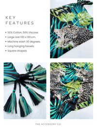 BLACK LEOPARD & FLORAL PRINT SQUARE TASSEL SCARF - A-SHU.CO.UK