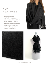BLACK PAISLEY PRINT REVERSIBLE PASHMINA SHAWL SCARF - A-SHU.CO.UK