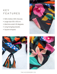 BLACK ROSE FLORAL PRINT SQUARE TASSEL SCARF - A-SHU.CO.UK