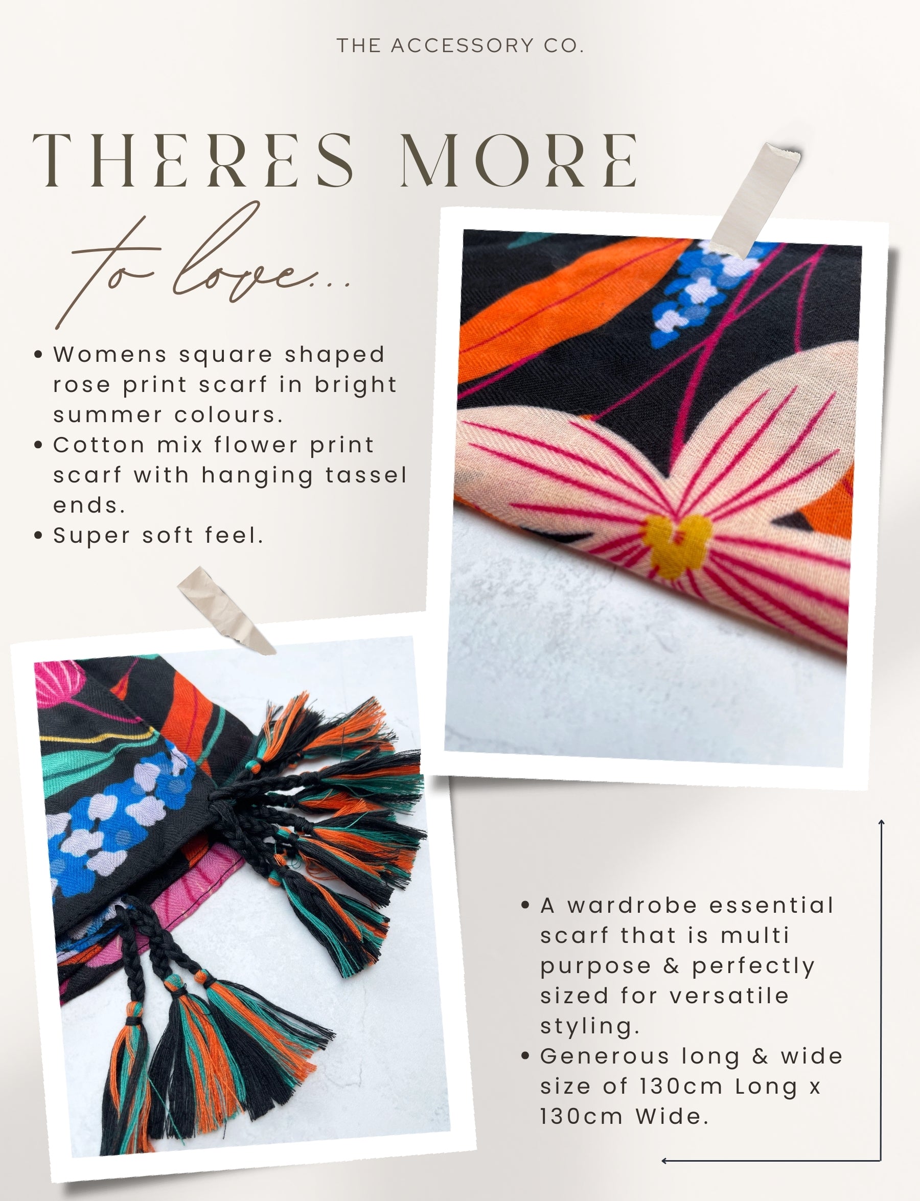 BLACK ROSE FLORAL PRINT SQUARE TASSEL SCARF - A-SHU.CO.UK