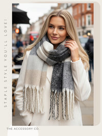 BLACK STRIPED WOOL BLANKET SCARF OVERSIZED WINTER SHAWL WRAP