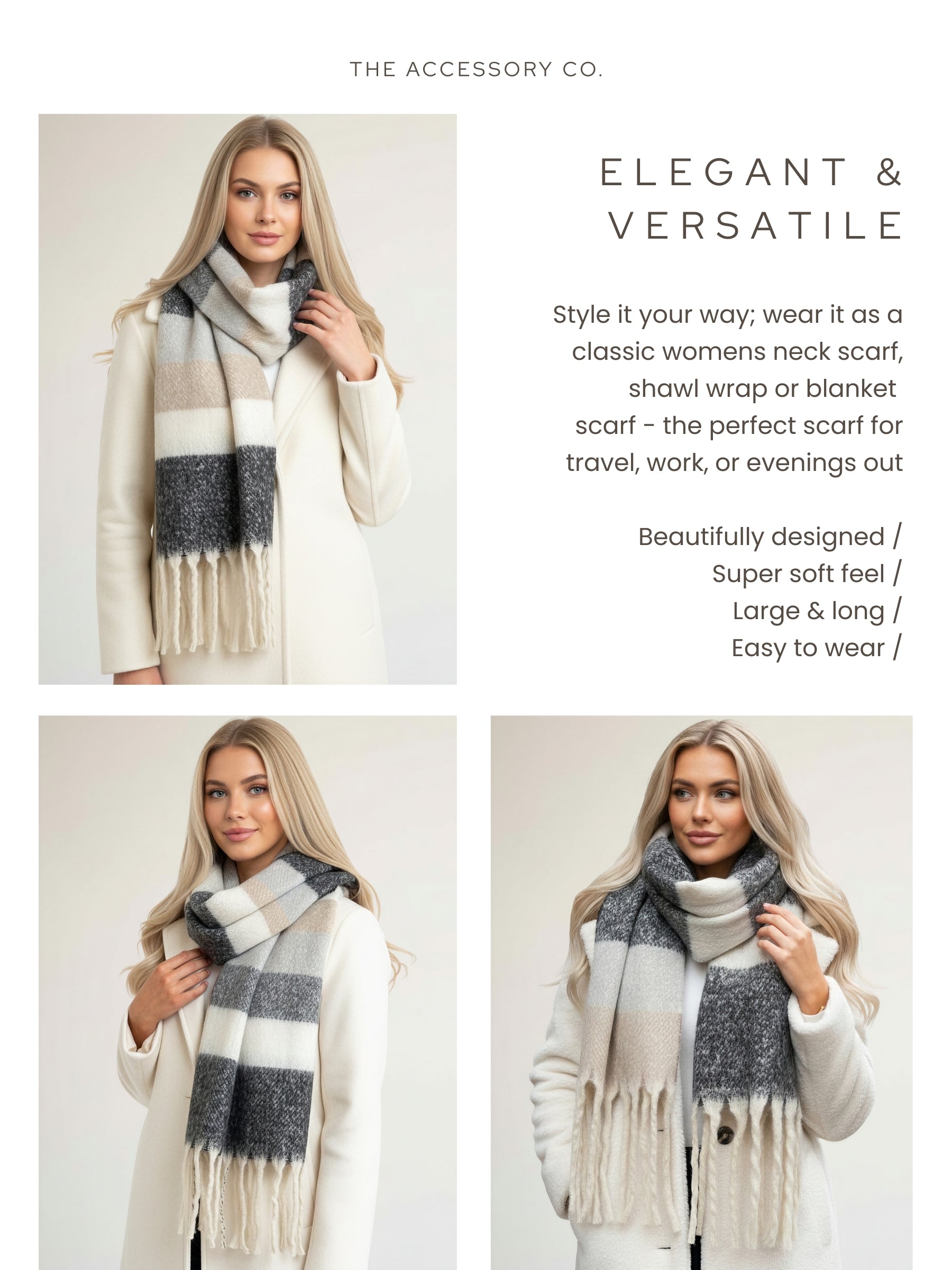 BLACK STRIPED WOOL BLANKET SCARF OVERSIZED WINTER SHAWL WRAP