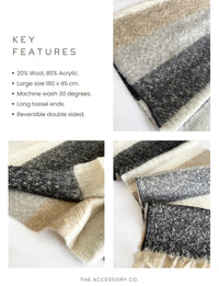 BLACK STRIPED WOOL BLANKET SCARF OVERSIZED WINTER SHAWL WRAP