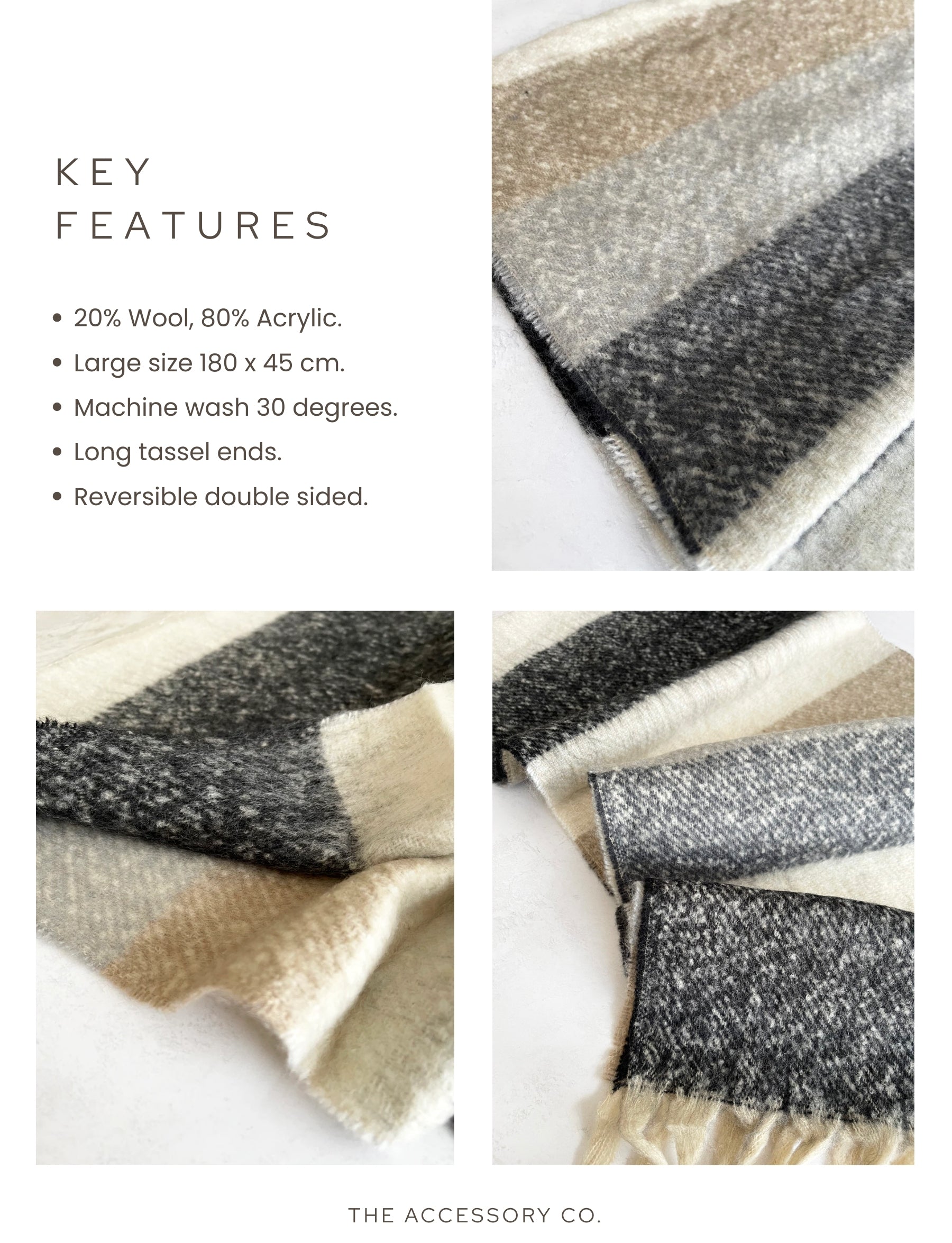 BLACK STRIPED WOOL BLANKET SCARF OVERSIZED WINTER SHAWL WRAP