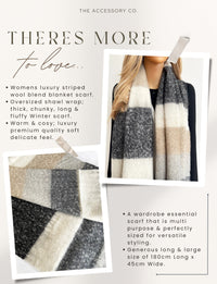 BLACK STRIPED WOOL BLANKET SCARF OVERSIZED WINTER SHAWL WRAP