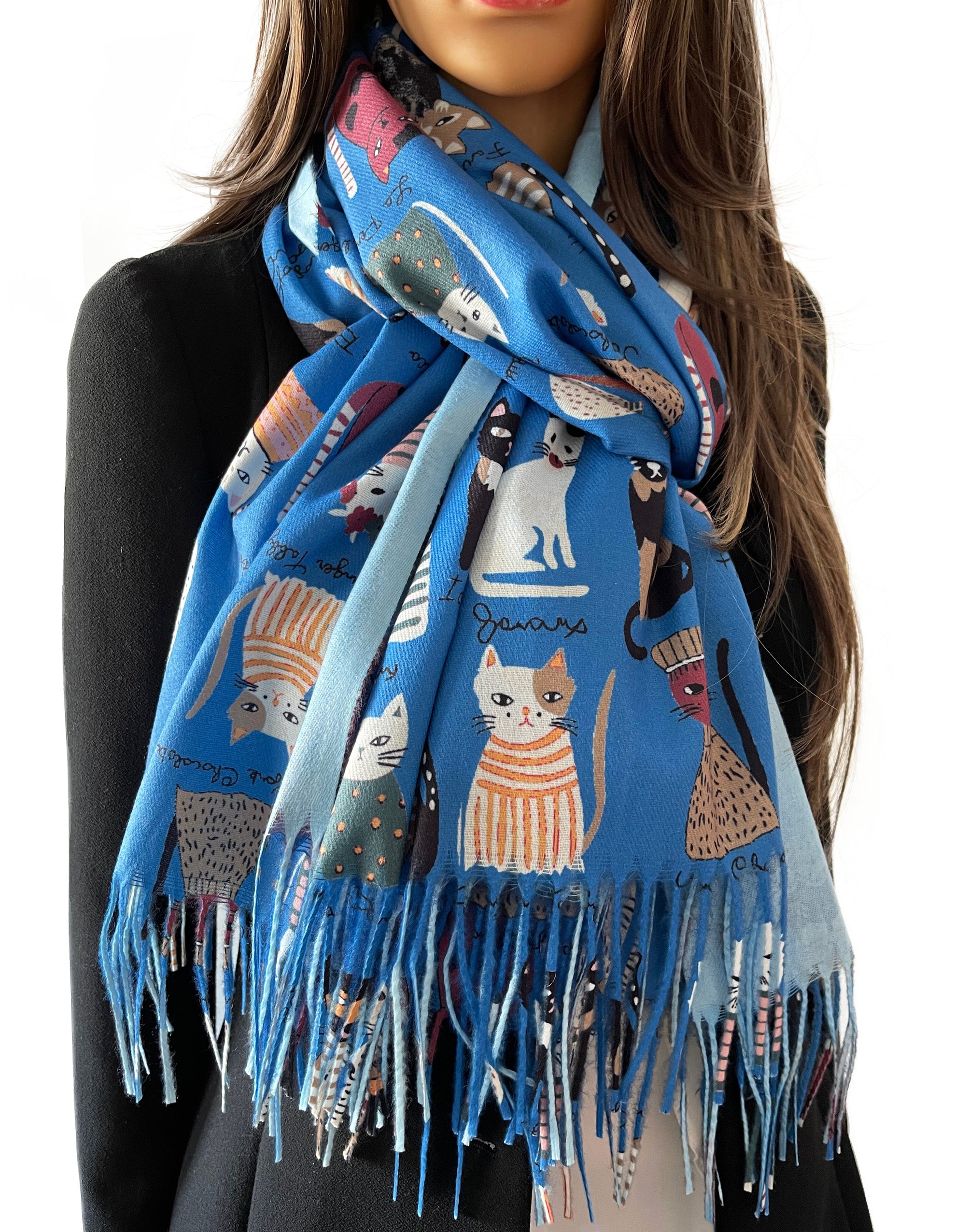 Blue Cat Print Long Lightweight Scarf