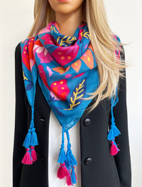 BLUE LOTUS FLORAL PRINT SQUARE TASSEL SCARF