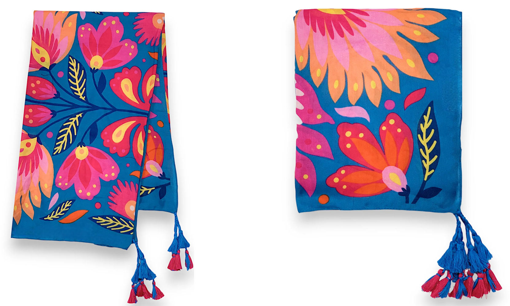 BLUE LOTUS FLORAL PRINT SQUARE TASSEL SCARF