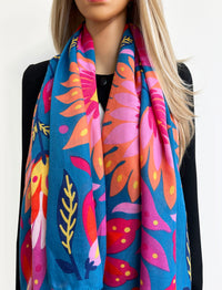 BLUE LOTUS FLORAL PRINT SQUARE TASSEL SCARF