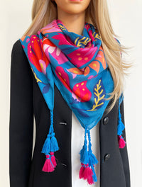 BLUE LOTUS FLORAL PRINT SQUARE TASSEL SCARF