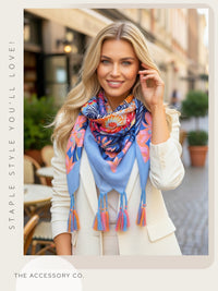 BLUE GARDEN FLORAL PRINT SQUARE TASSEL SCARF - A-SHU.CO.UK