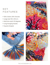 BLUE GARDEN FLORAL PRINT SQUARE TASSEL SCARF - A-SHU.CO.UK