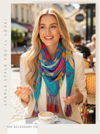 BLUE ROSE FLORAL PRINT SQUARE TASSEL SCARF - A-SHU.CO.UK