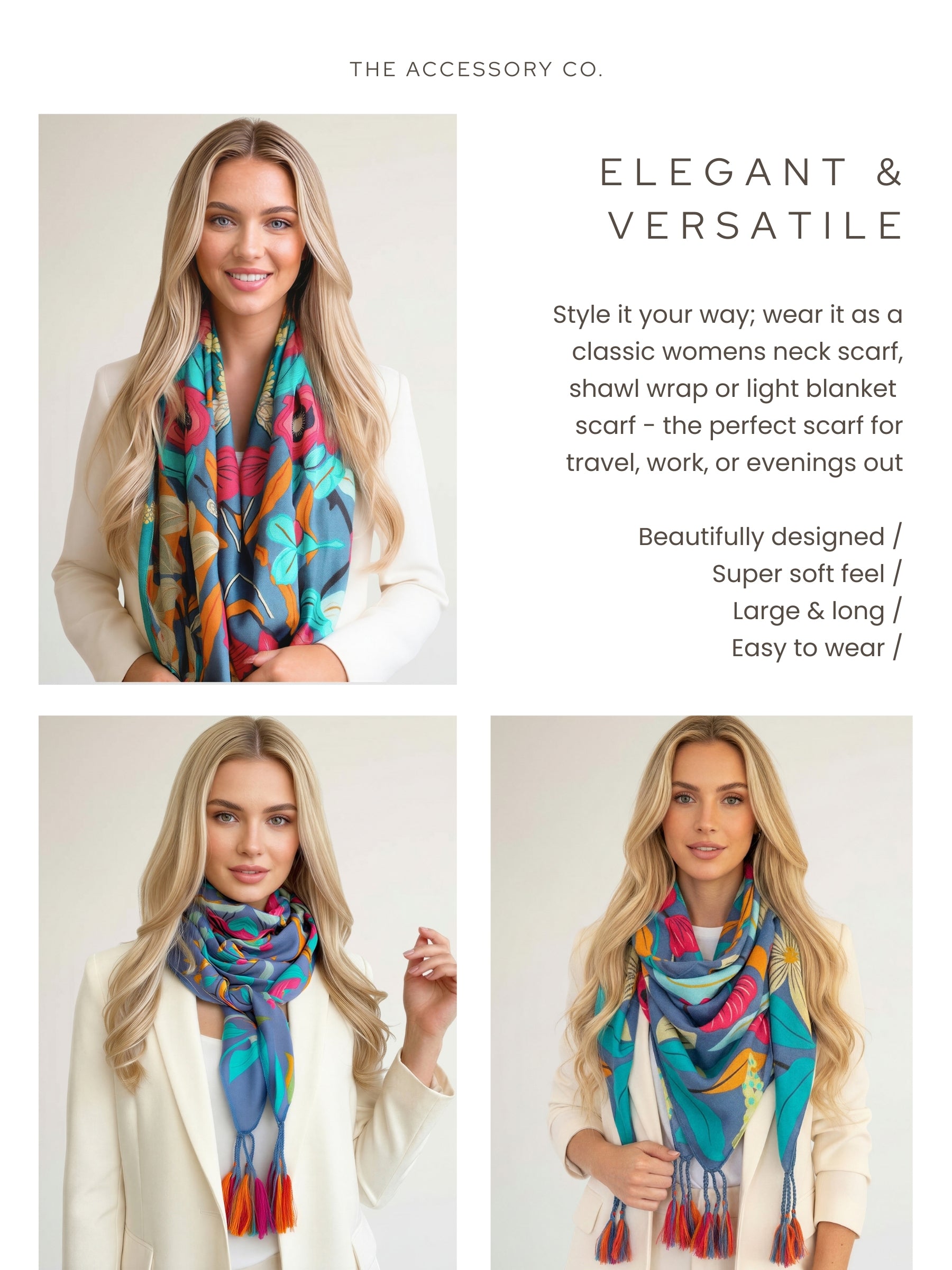 BLUE ROSE FLORAL PRINT SQUARE TASSEL SCARF - A-SHU.CO.UK