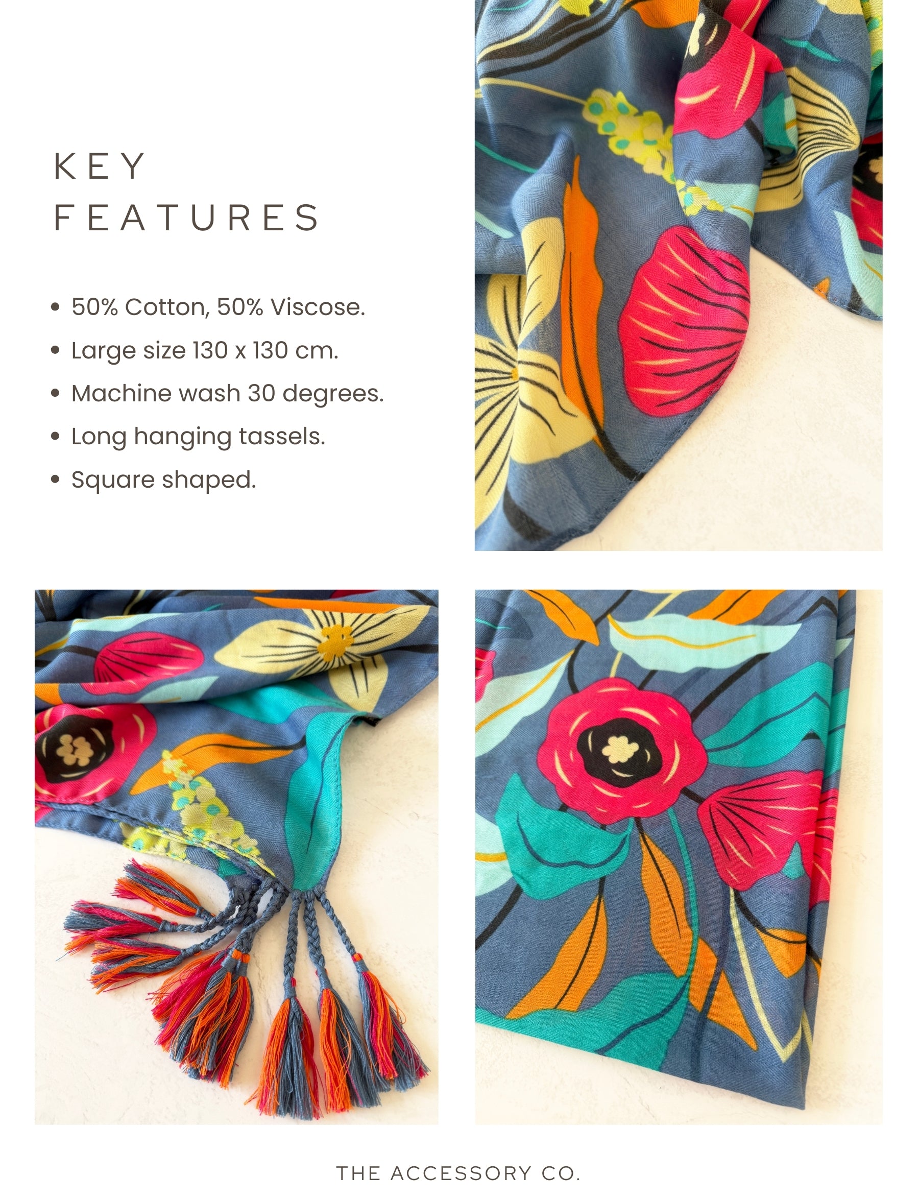 BLUE ROSE FLORAL PRINT SQUARE TASSEL SCARF - A-SHU.CO.UK