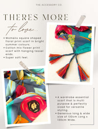 BLUE ROSE FLORAL PRINT SQUARE TASSEL SCARF - A-SHU.CO.UK