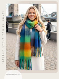 BLUE YELLOW CHECKED WOOL RAINBOW BLANKET SCARF OVERSIZED WINTER SHAWL WRAP