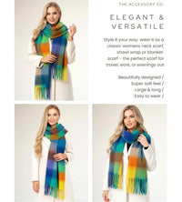 BLUE YELLOW CHECKED WOOL RAINBOW BLANKET SCARF OVERSIZED WINTER SHAWL WRAP