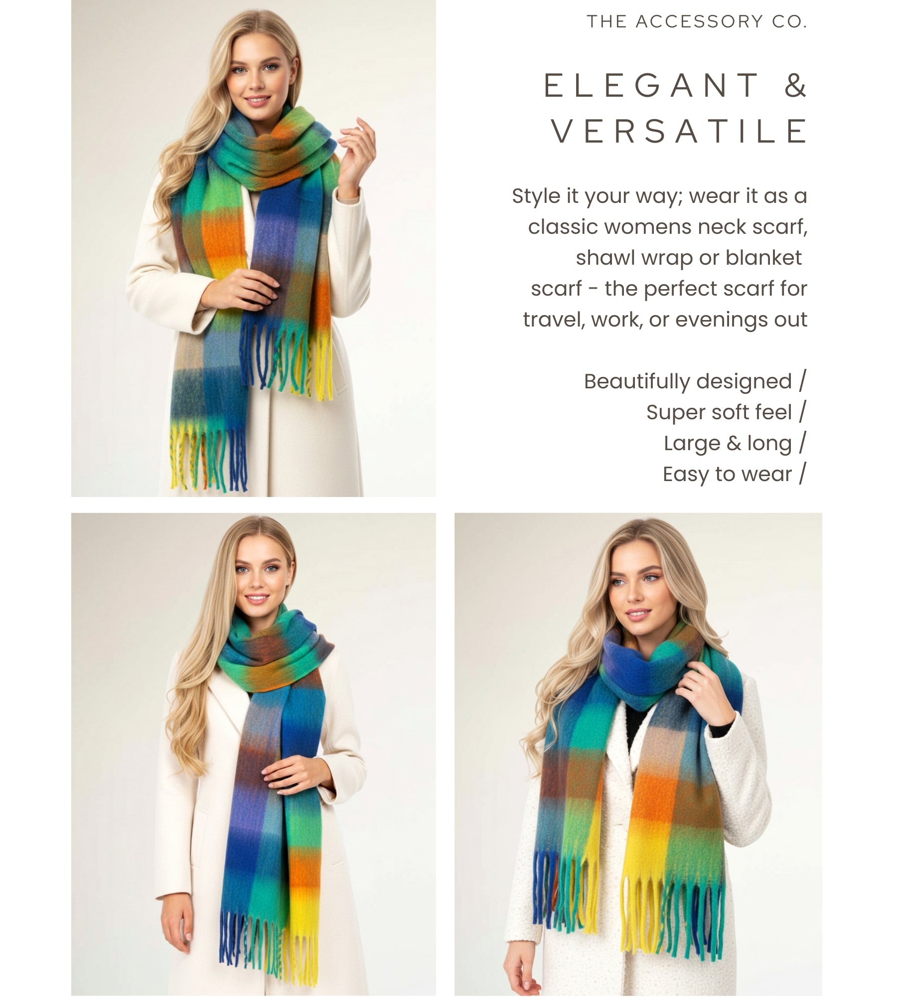 BLUE YELLOW CHECKED WOOL RAINBOW BLANKET SCARF OVERSIZED WINTER SHAWL WRAP