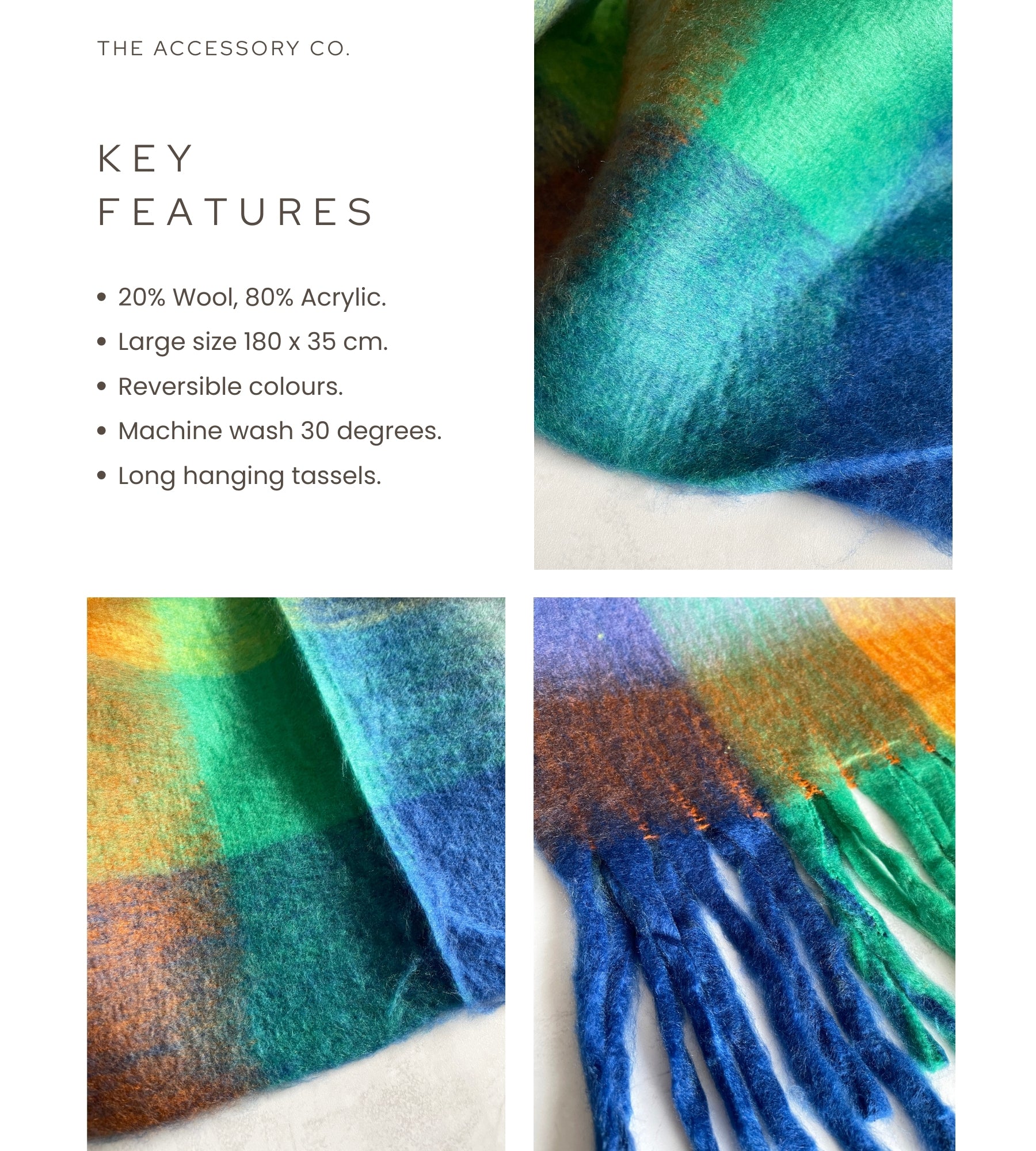 BLUE YELLOW CHECKED WOOL RAINBOW BLANKET SCARF OVERSIZED WINTER SHAWL WRAP