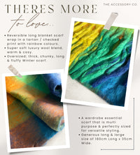 BLUE YELLOW CHECKED WOOL RAINBOW BLANKET SCARF OVERSIZED WINTER SHAWL WRAP