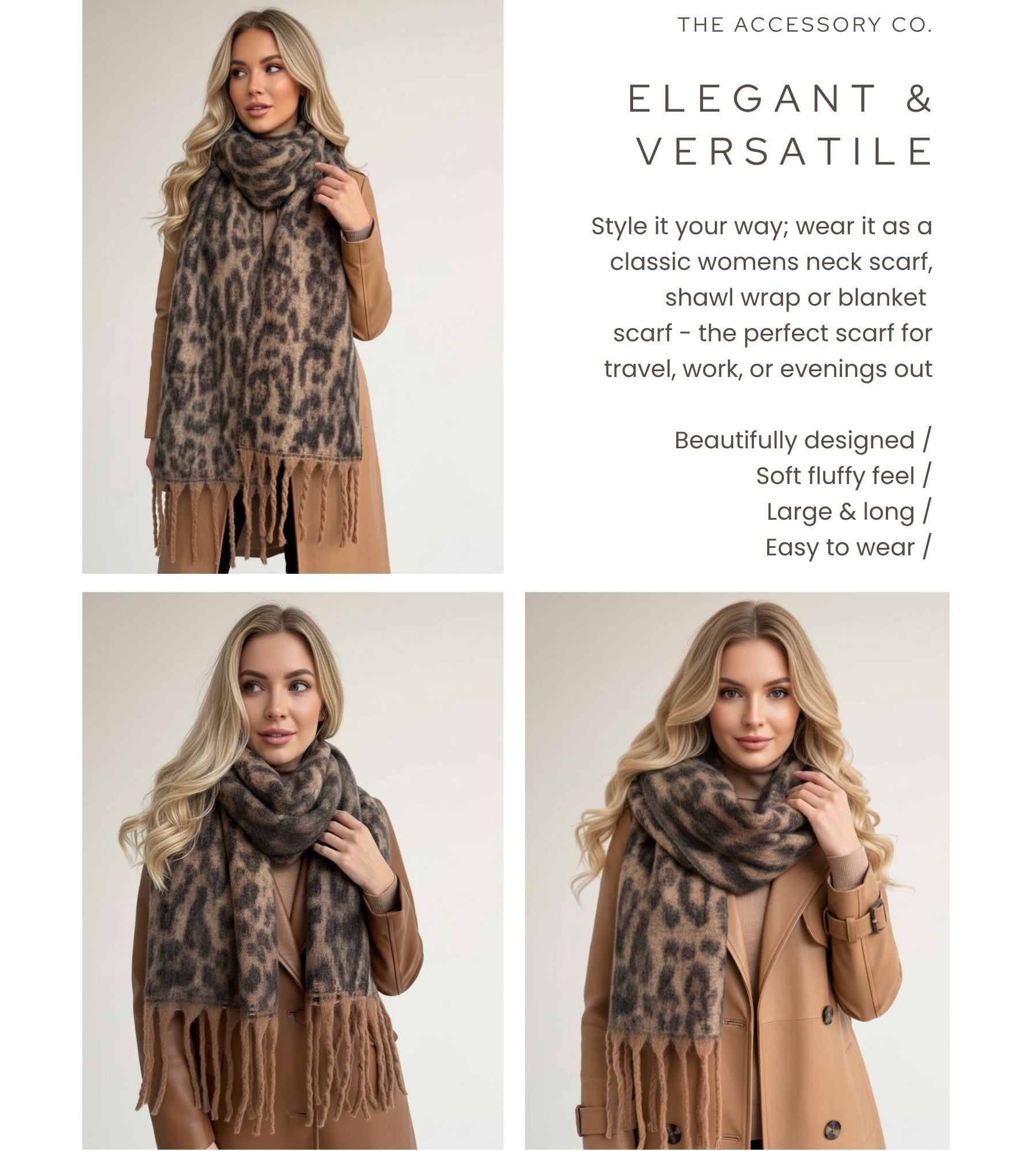 BROWN FLUFFY LEOPARD PRINT OVERSIZED BLANKET SCARF SHAWL WRAP