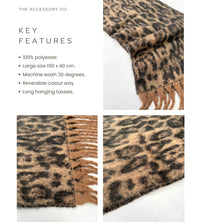 BROWN FLUFFY LEOPARD PRINT OVERSIZED BLANKET SCARF SHAWL WRAP