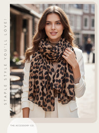 BROWN COTTON BLEND CLASSIC LEOPARD PRINT SCARF
