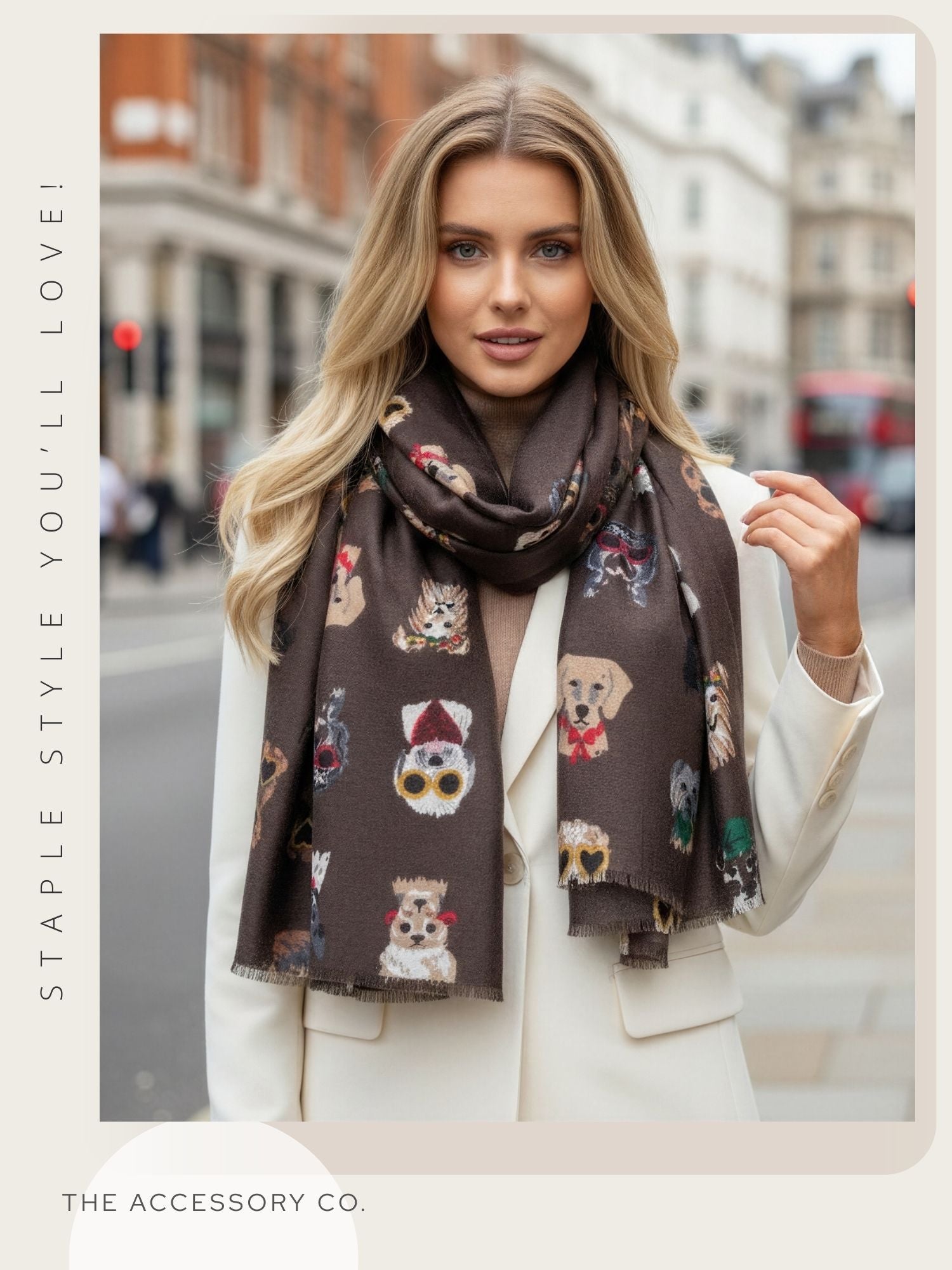 BROWN COTTON BLEND DOG PRINT LIGHTWEIGHT SCARF