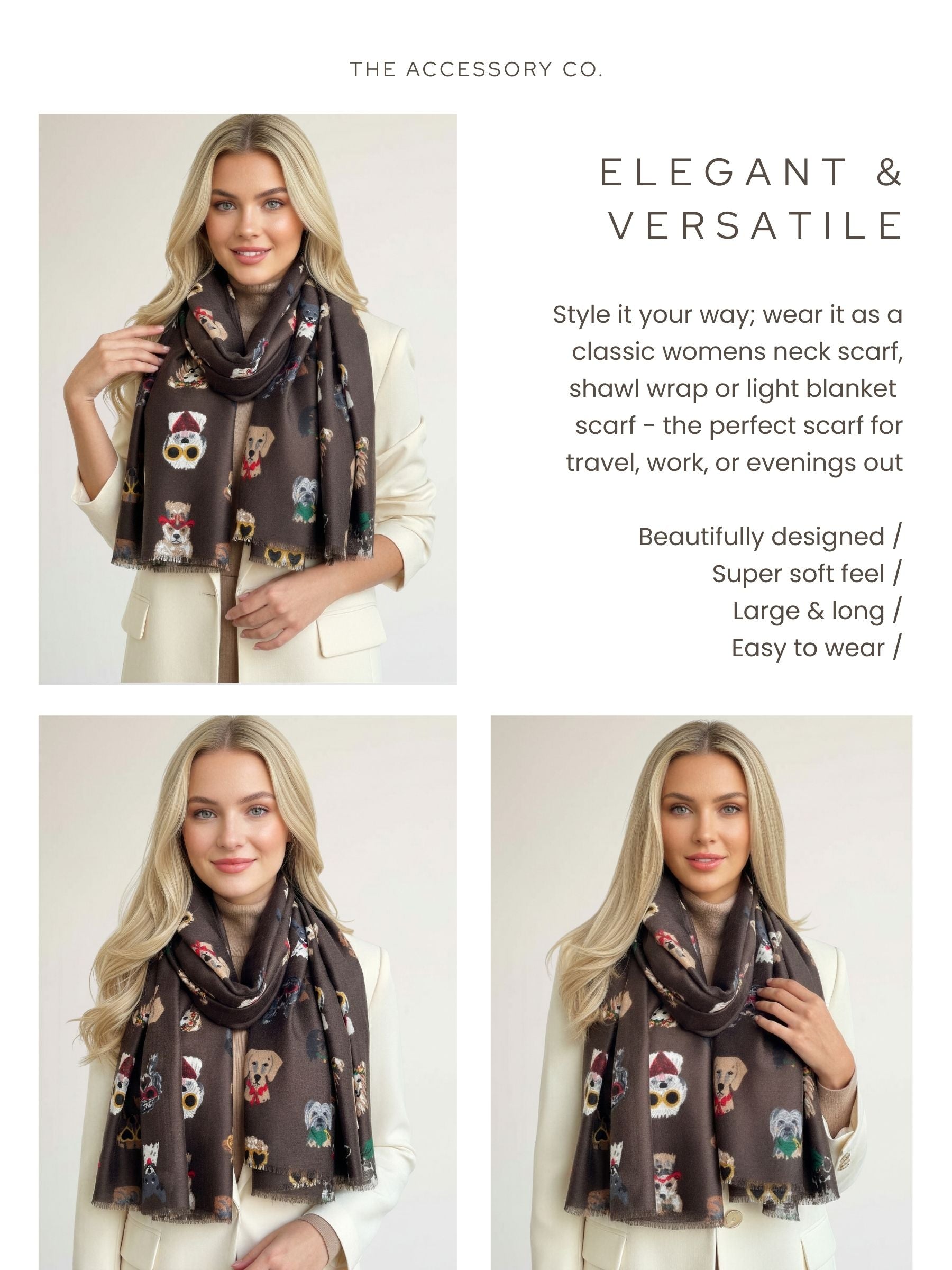 BROWN COTTON BLEND DOG PRINT LIGHTWEIGHT SCARF