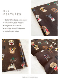 BROWN COTTON BLEND DOG PRINT LIGHTWEIGHT SCARF