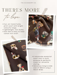 BROWN COTTON BLEND DOG PRINT LIGHTWEIGHT SCARF