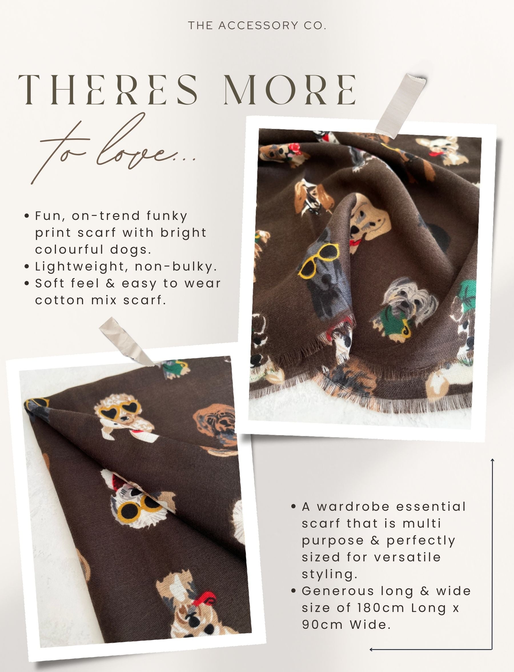 BROWN COTTON BLEND DOG PRINT LIGHTWEIGHT SCARF