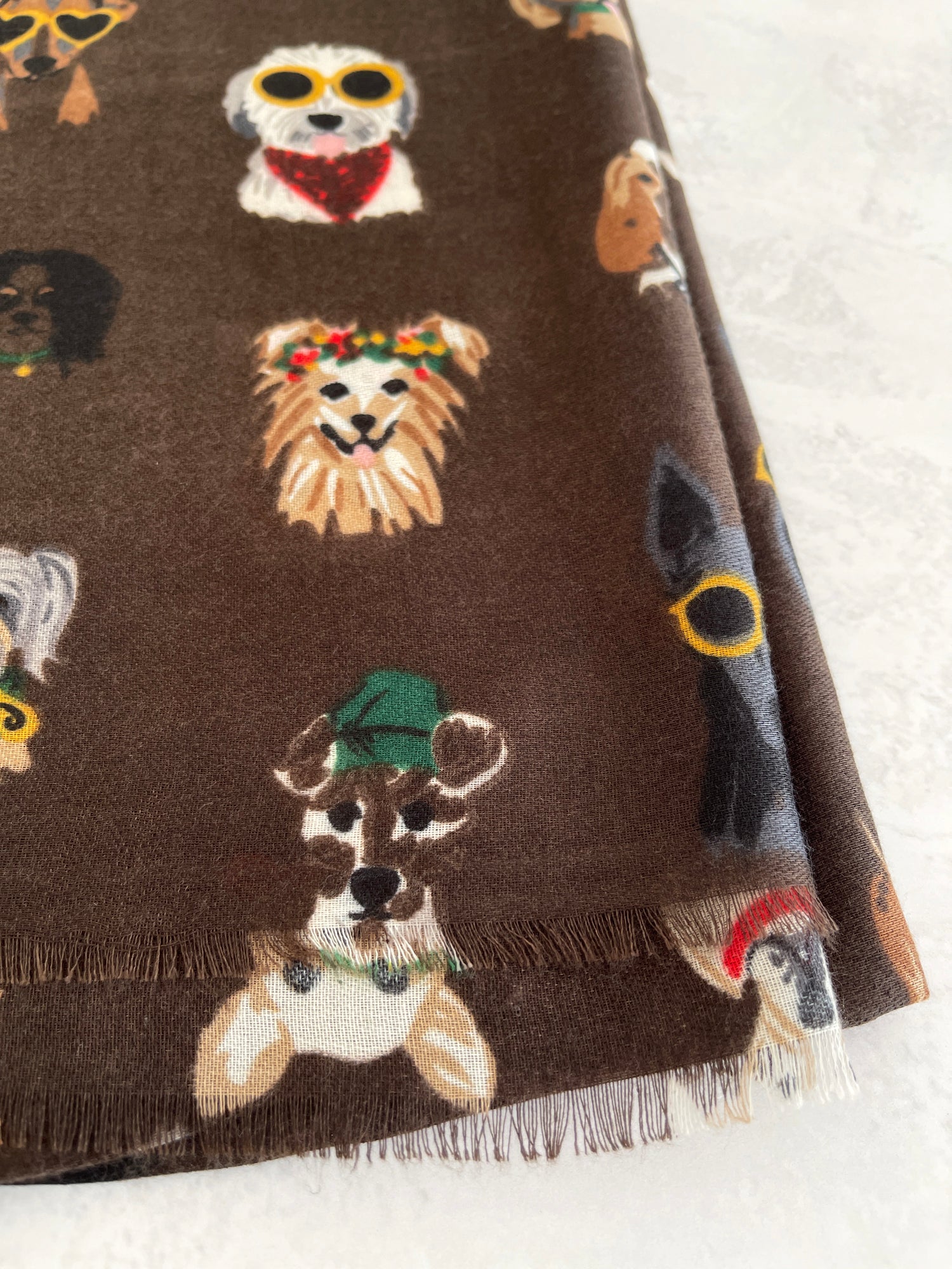 BROWN COTTON BLEND DOG PRINT LIGHTWEIGHT SCARF